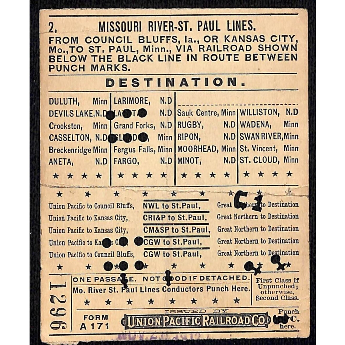 1912 Union Pacific Railroad Ticket Missouri River St. Paul Council Bluffs #1296