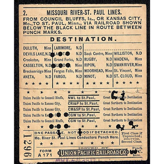 1912 Union Pacific Railroad Ticket Missouri River St. Paul Council Bluffs #1296