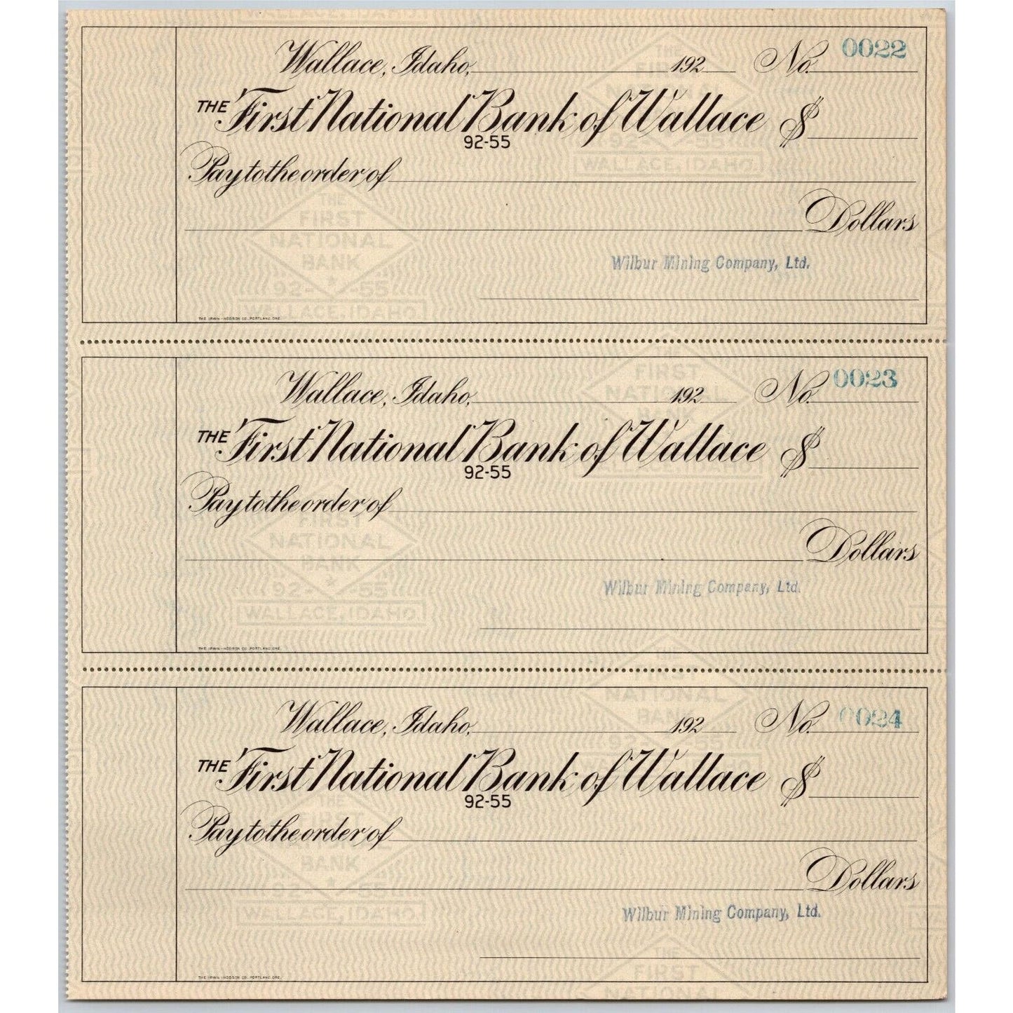 Wilbur Mining Company Wallace, ID First National Bank Check Sheet 1920 - 1929