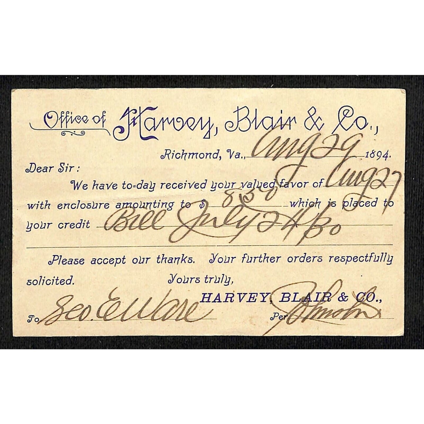 Vintage 1894 Advertising Postcard Receipt Harvey, Blair & Co. Richmond, VA