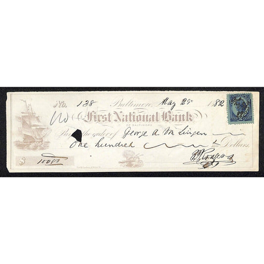 Baltimore First National Bank 1882 Check w/ Rev. Stamp & Sailing Ship - Scarce