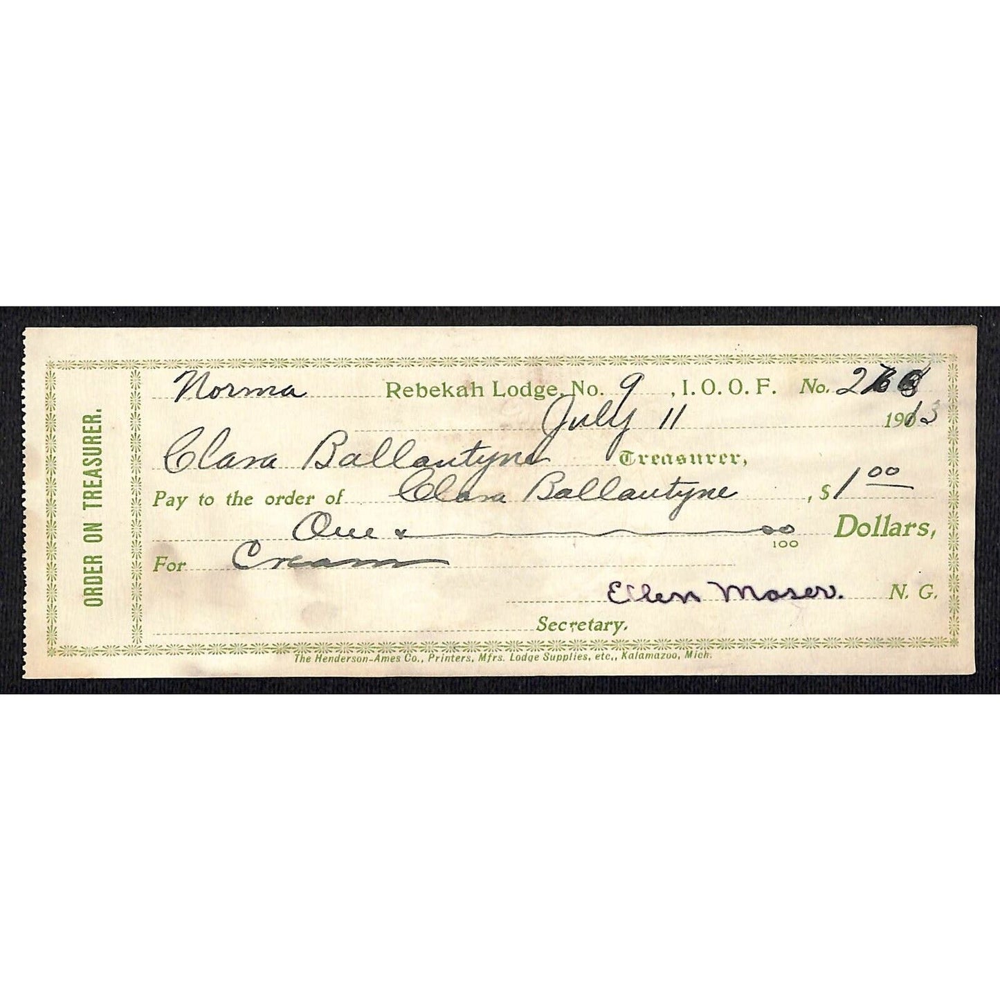 IOOF Odd Fellows Rebekah Lodge No.9 1913 Receipt / Billhead