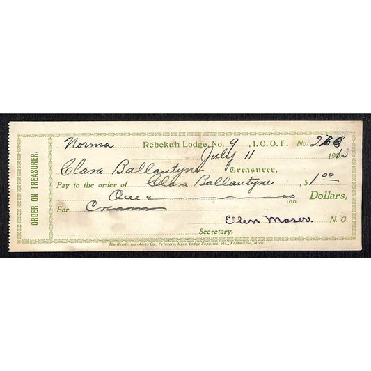 IOOF Odd Fellows Rebekah Lodge No.9 1913 Receipt / Billhead