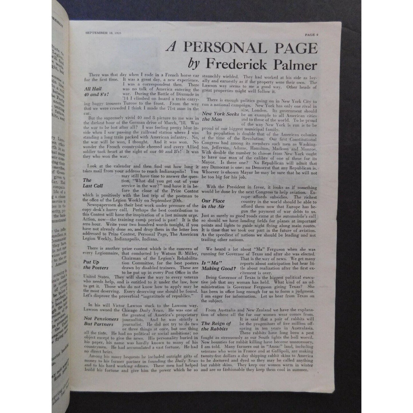 "The American Legion Weekly" Sept 1925 - 22 pgs.