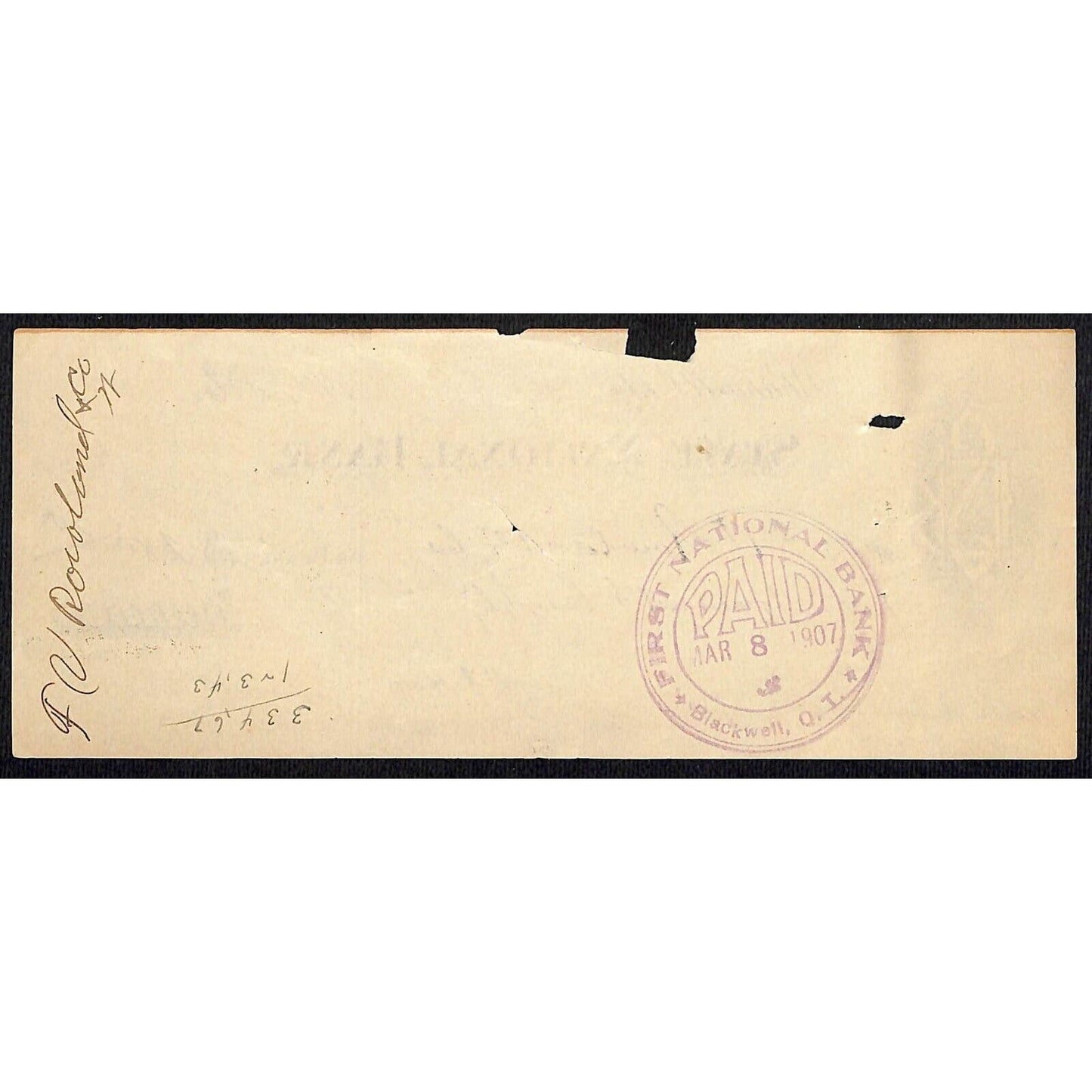 Blackwell, OK 1907 Territorial State National Bank Check - Scarce