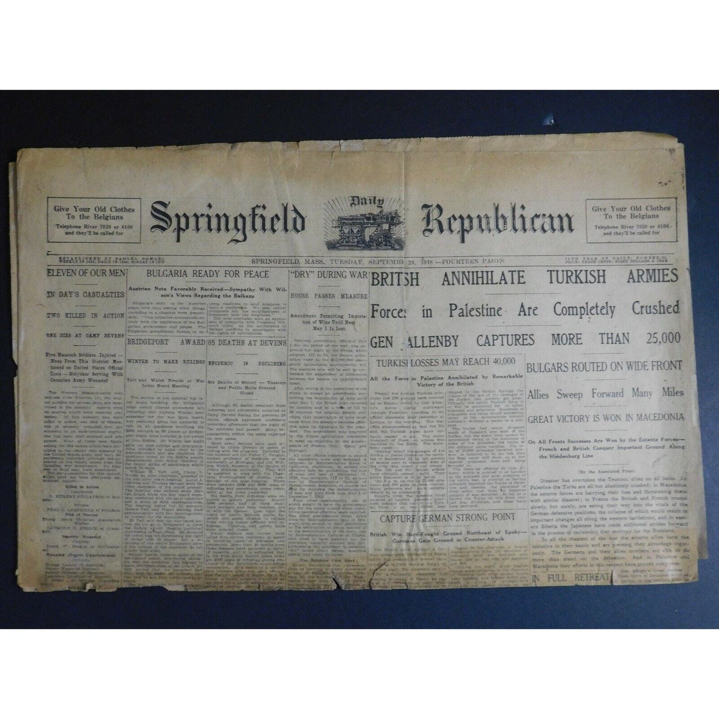 WWI Era Newspaper - Springfield Daily Republican Sept 24 1918 - 4 pgs.