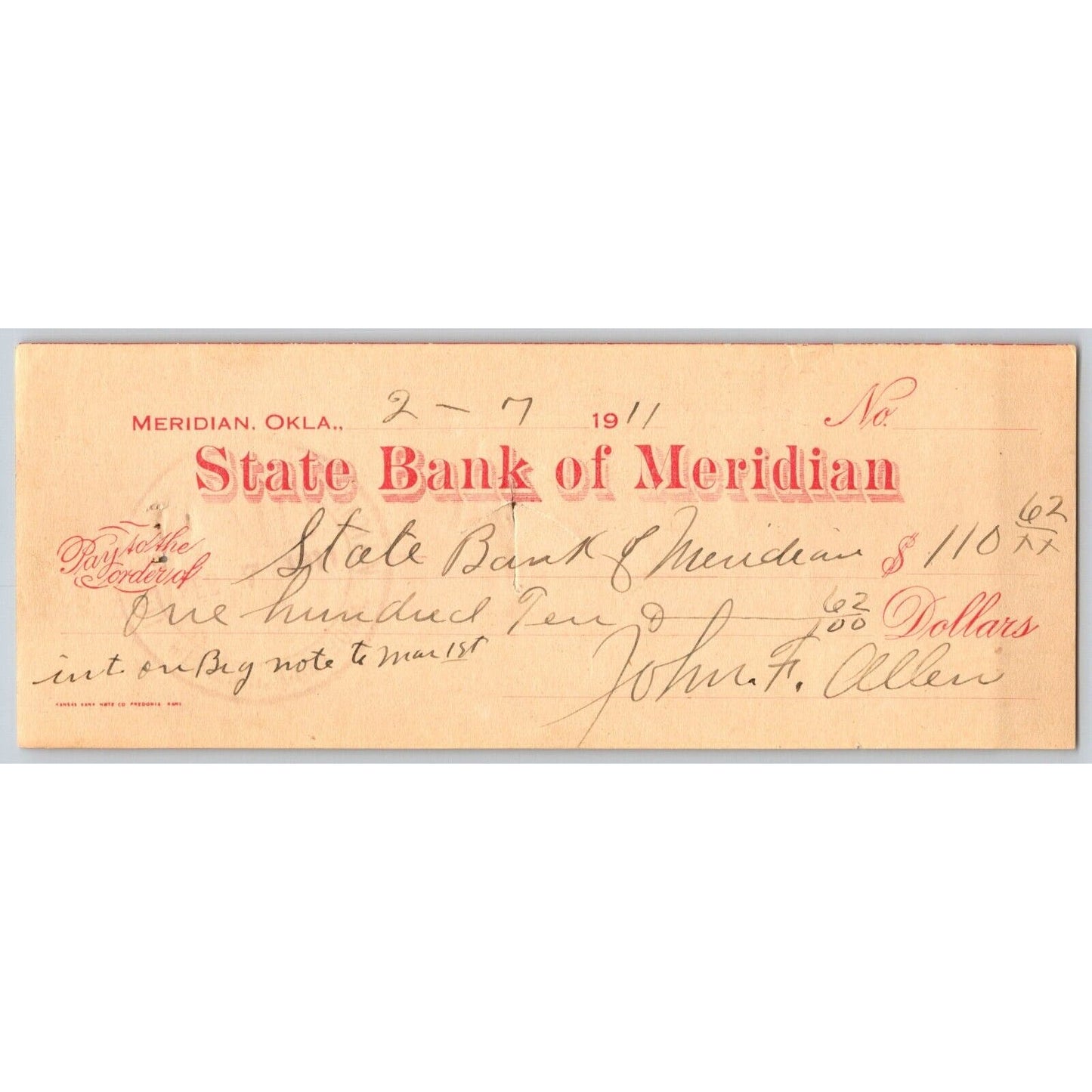 Meridian, Oklahoma 1911 "State Bank of Meridian" Bank Check Scarce