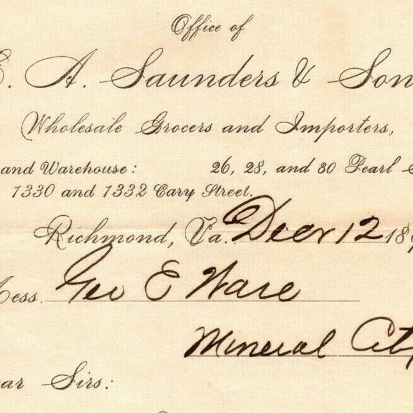 E.A. Saunders and Son Grocer Letterhead Richmond, VA to Geo. E. Wear Dec.1891