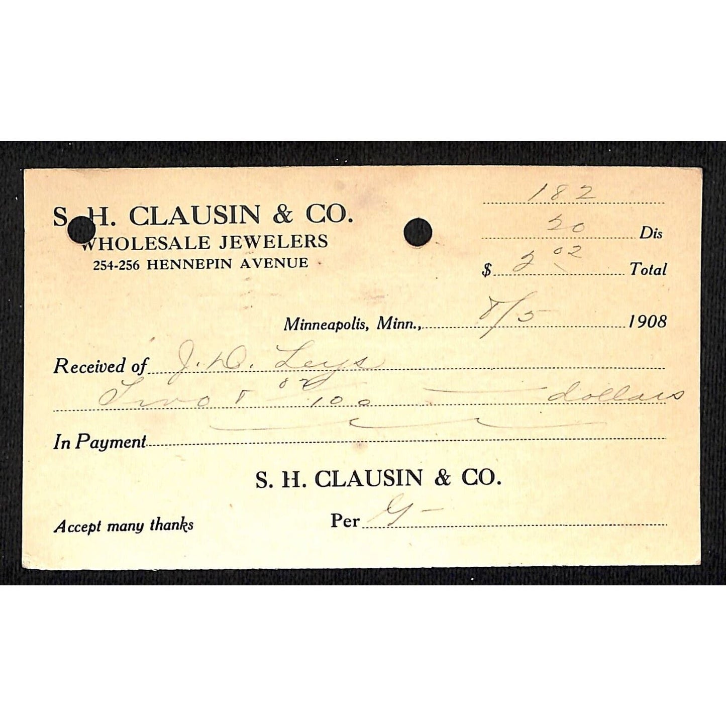 Leys Jewelry Butte, MT S.H. Clausin & Co. Minneapolis 1908 Post Card Receipt