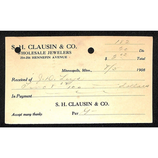 Leys Jewelry Butte, MT S.H. Clausin & Co. Minneapolis 1908 Post Card Receipt