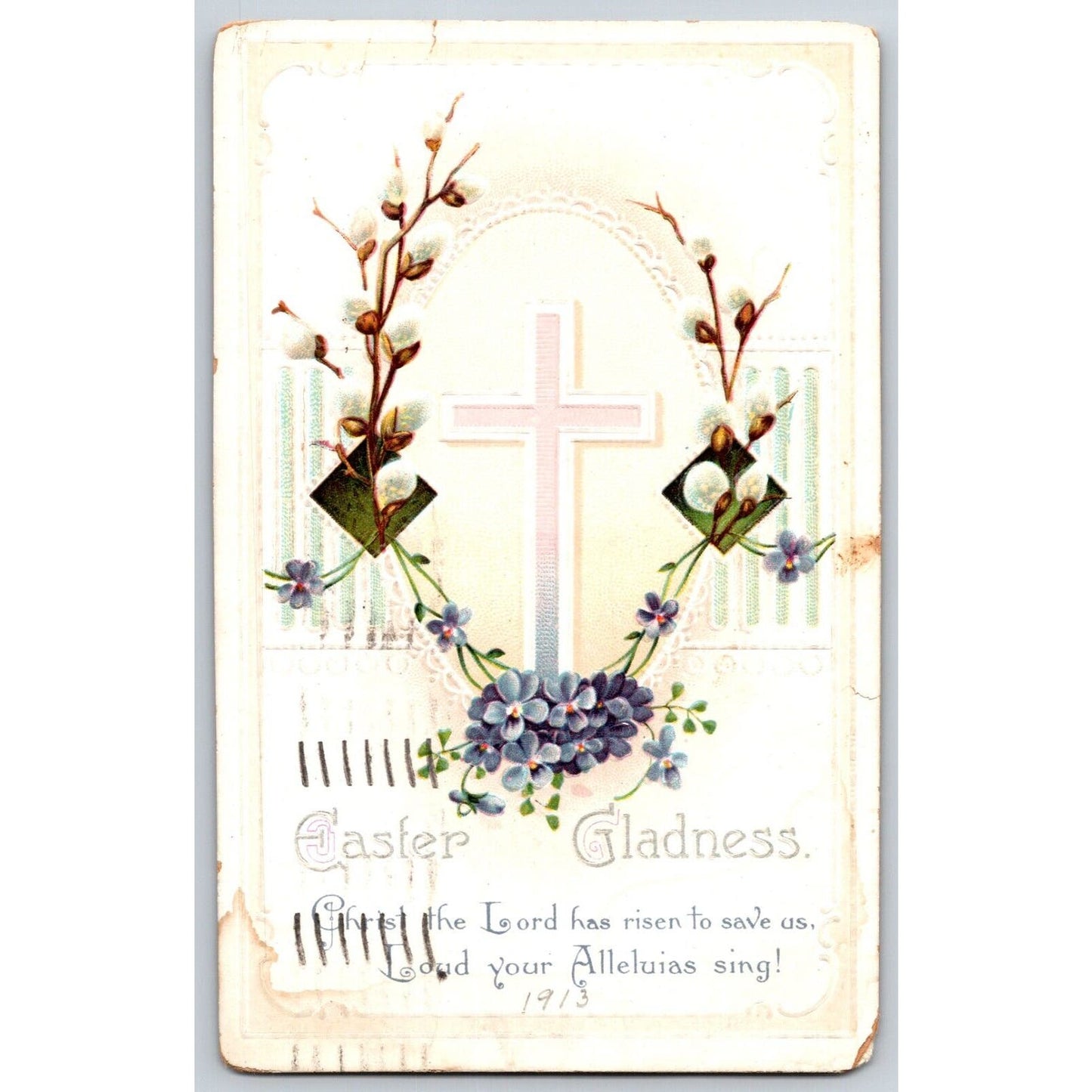 Vintage Easter Postcard "Easter Gladness" Floral Cross w/ Poem Emb. PM 1913