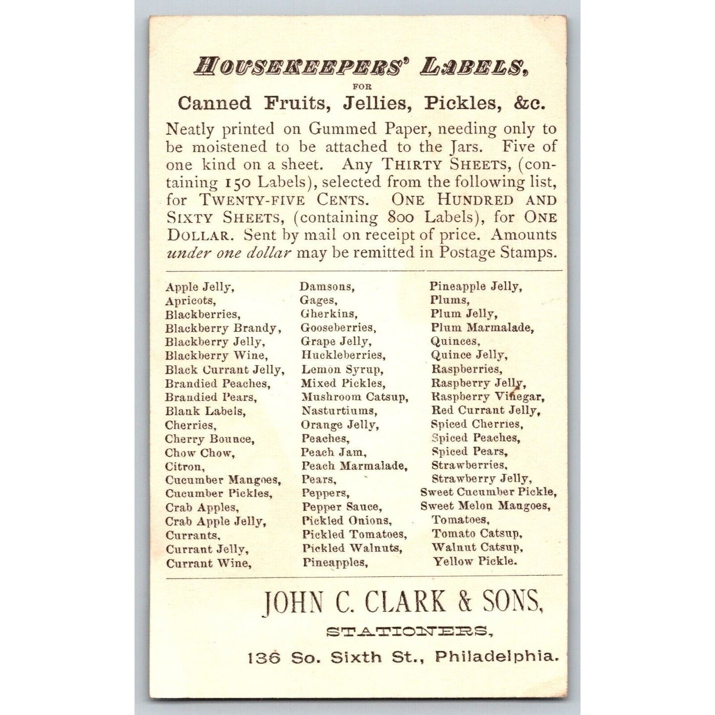 John C. Clark Philadelphia Housekeeping Labels Victorian Trade Card Floral