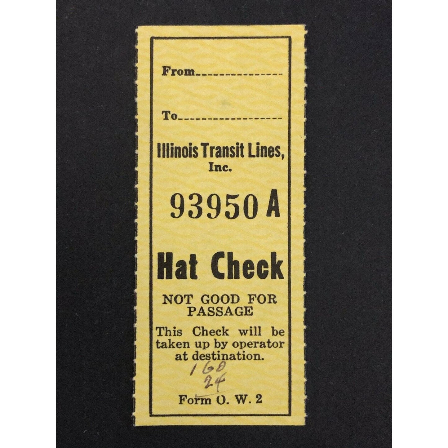 Illinois Transit Lines Hat Check Ticket 1946 93950