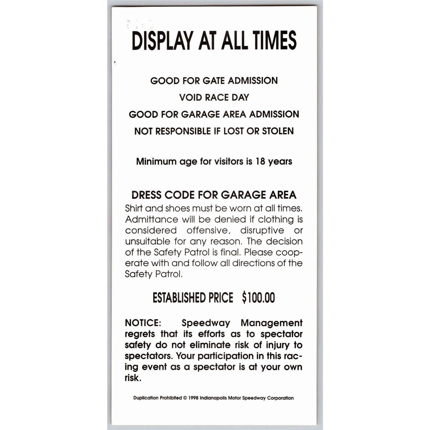 1998 Indy 500 Season Garage / Gasoline Alley Pass Indianapolis IMS VGC #0575