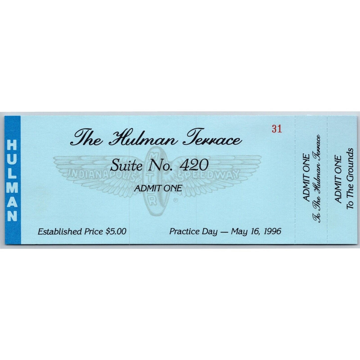 1996 Indy 500 Practice Day Hulman Terrace Unused Ticket Indianapolis #31
