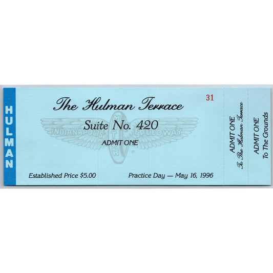 1996 Indy 500 Practice Day Hulman Terrace Unused Ticket Indianapolis #31