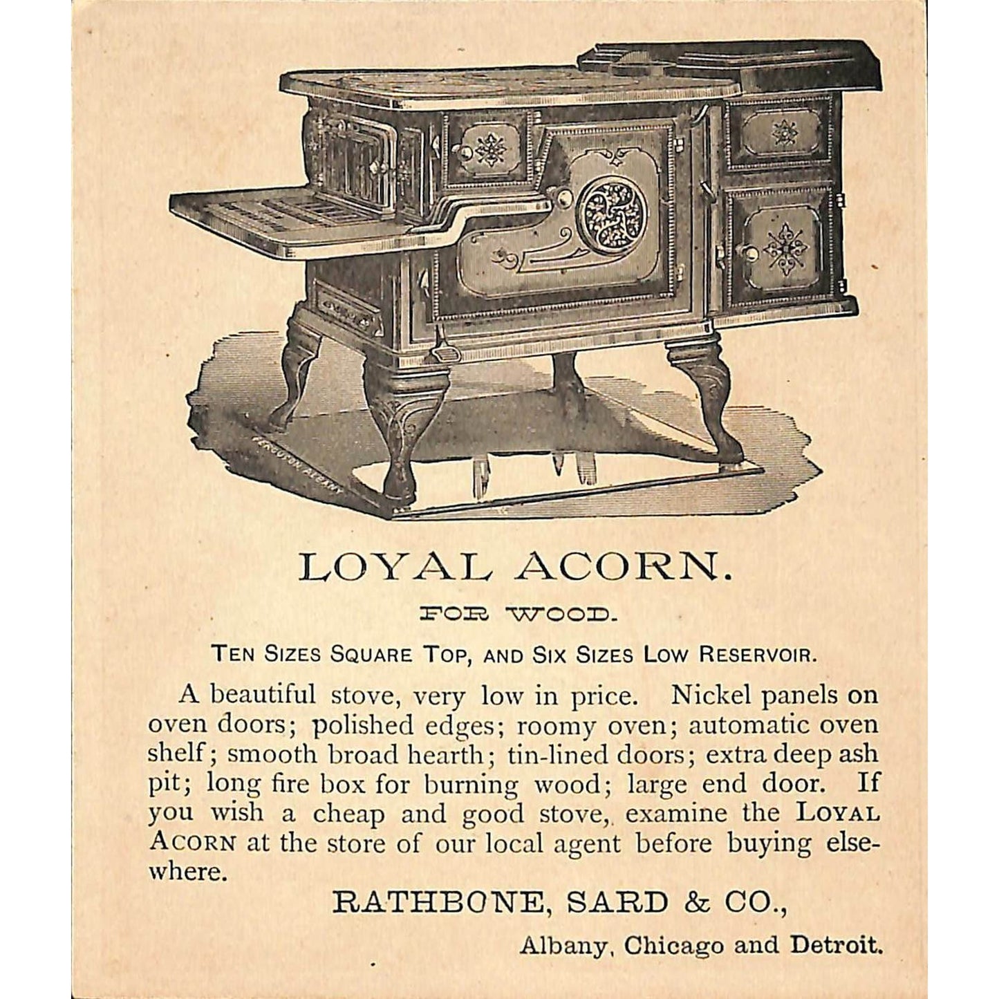 Acorn Stoves & Ranges Rathbone Sard & Co. Loyal Large Victorian Trade Card