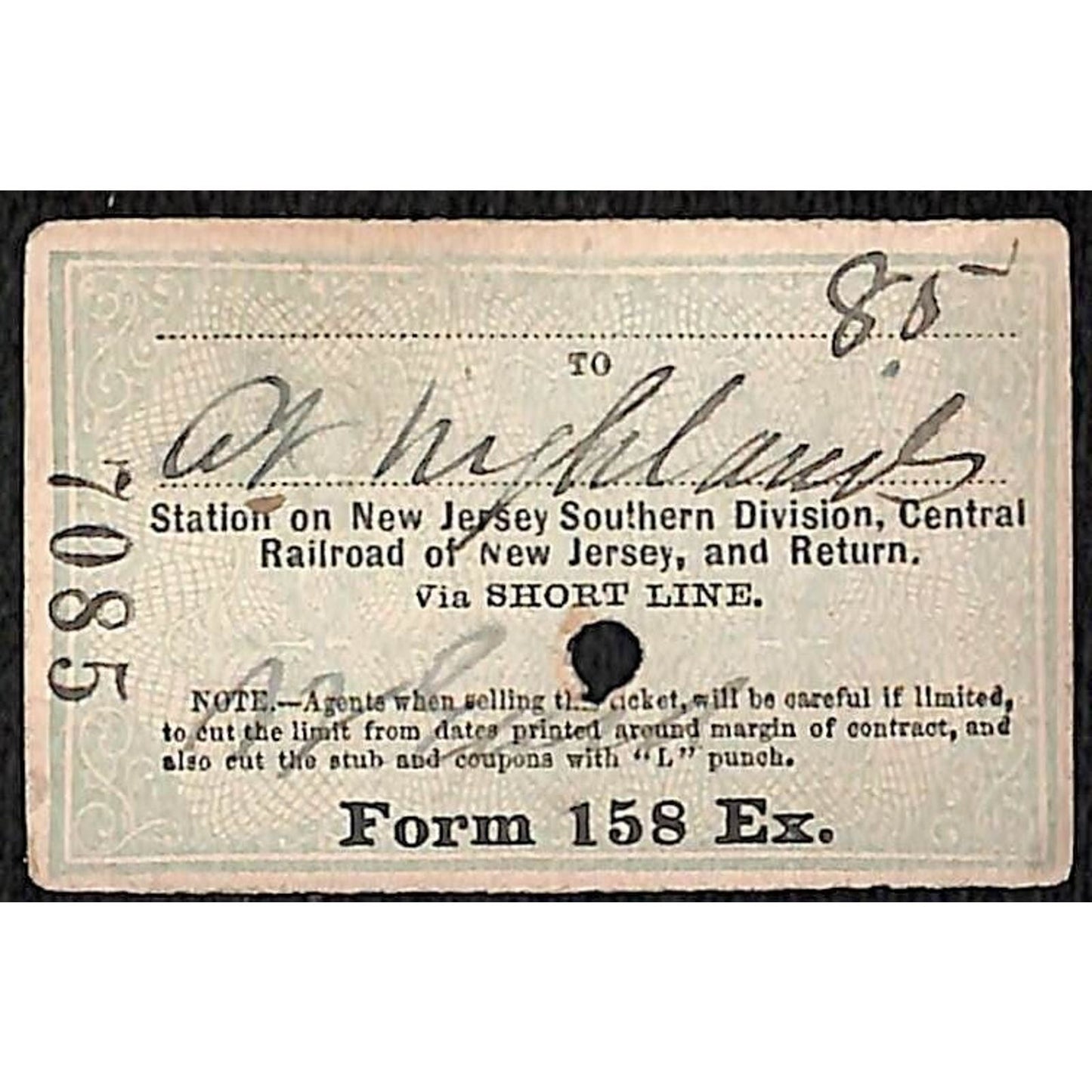 New York & Long Branch Railroad 1896 Ticket North Asbury Park AC Highlands #7085