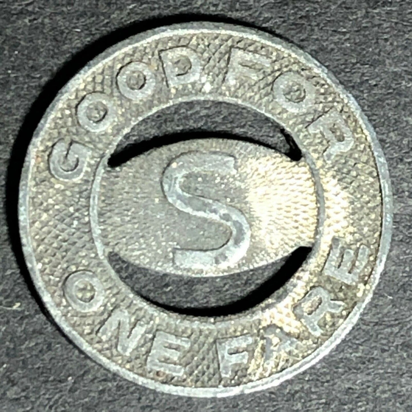 16.44mm c1940's "Stockton City Lines - Good For One Fare" Brass Token Worn