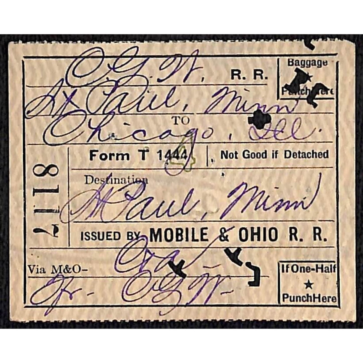 Mobile and Ohio Railroad Ticket Chicago St. Paul 1923 #8117 Scarce