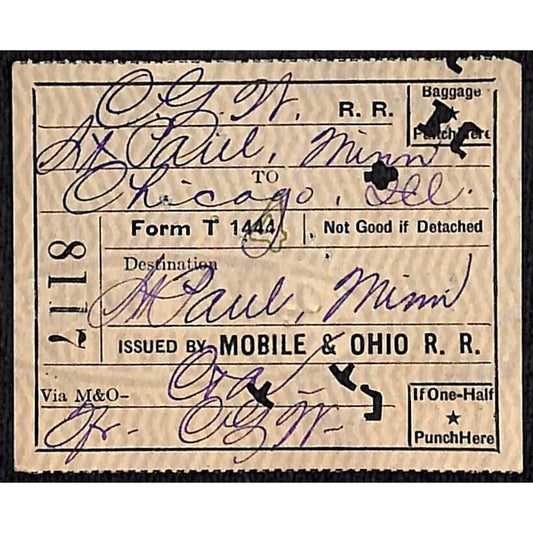 Mobile and Ohio Railroad Ticket Chicago St. Paul 1923 #8117 Scarce