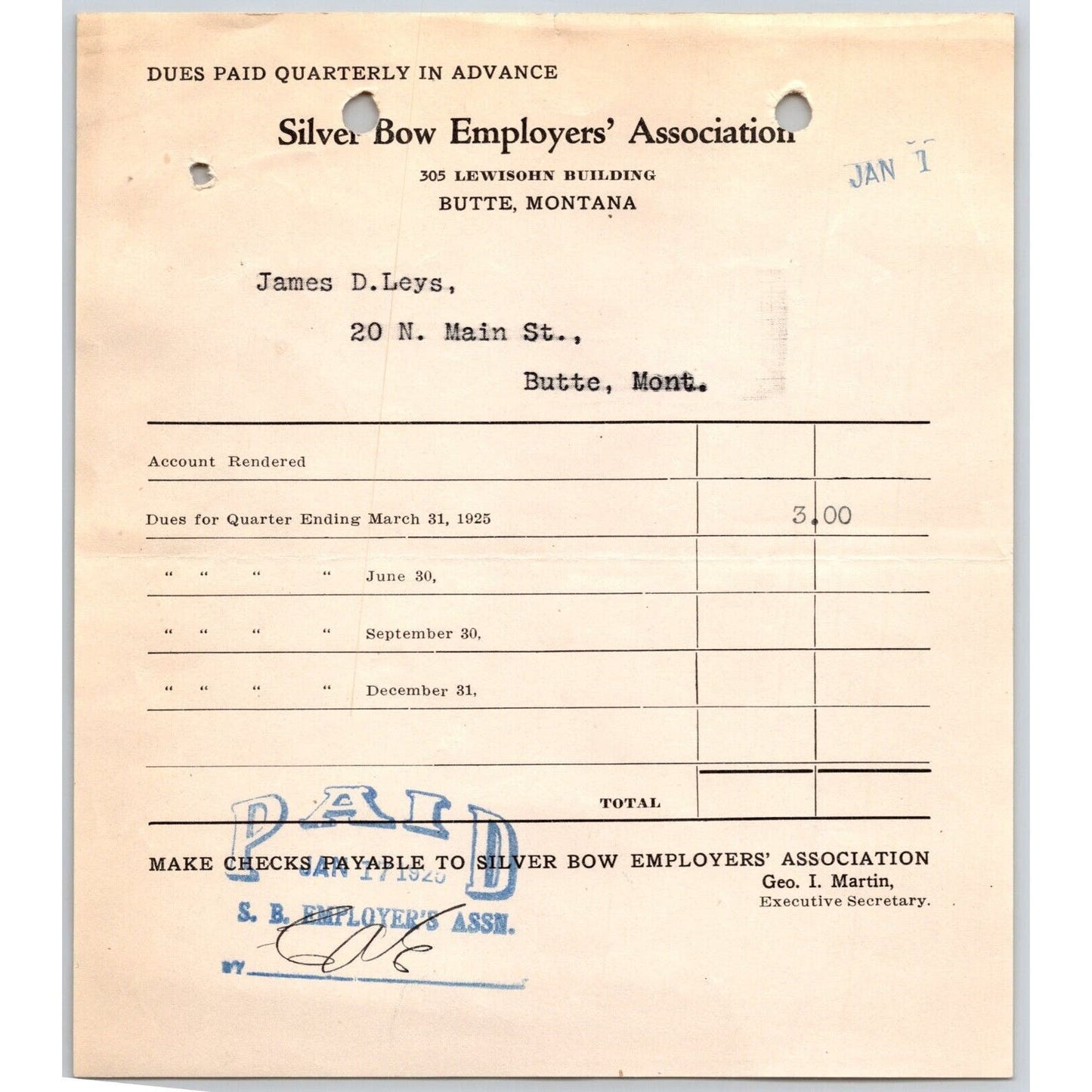 Silver Bow Employers' Association 1925 "Leys" Butte, MT Dues Billhead / Receipt
