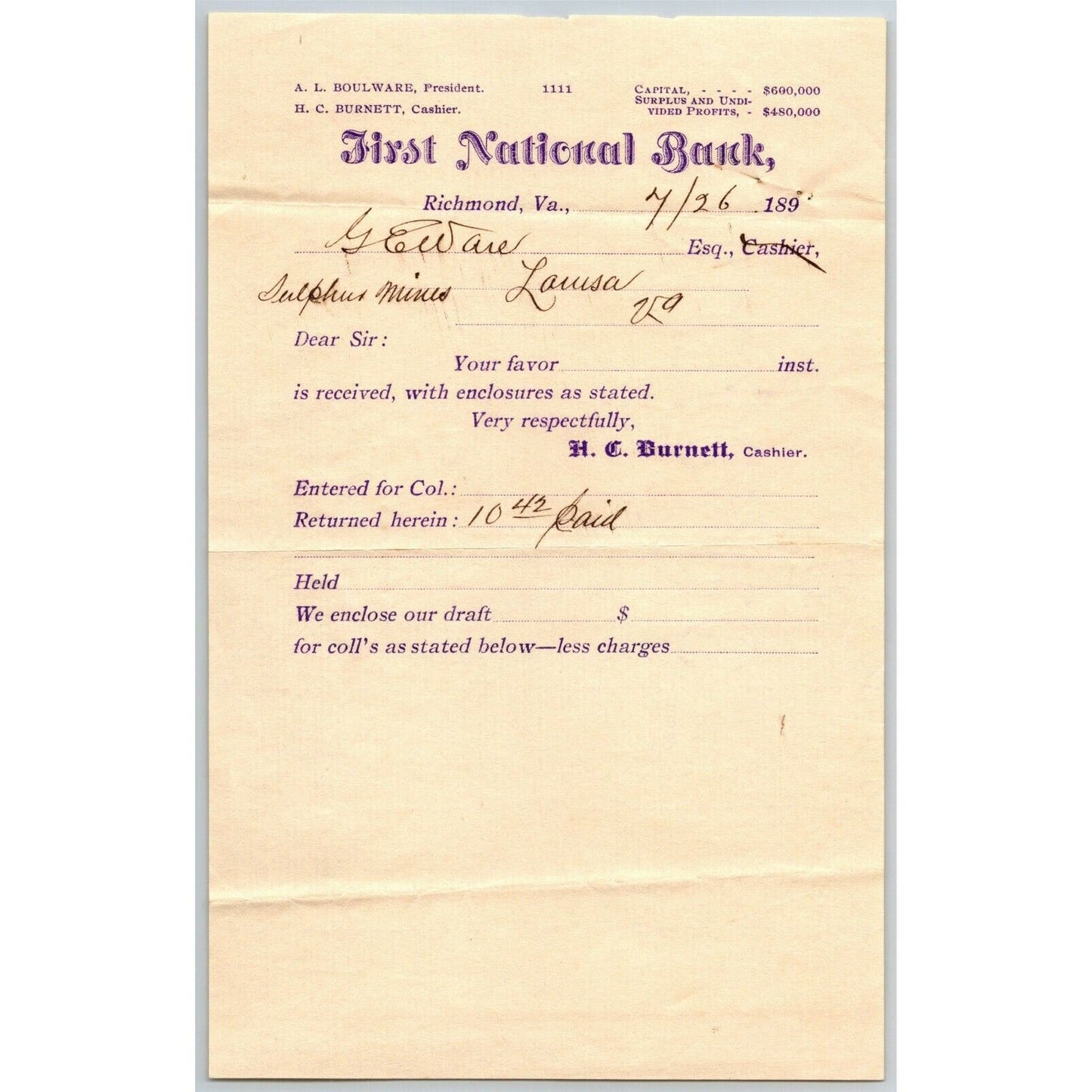 First National Bank Laid Paper Letterhead Richmond, VA to Geo. E. Wear c1895