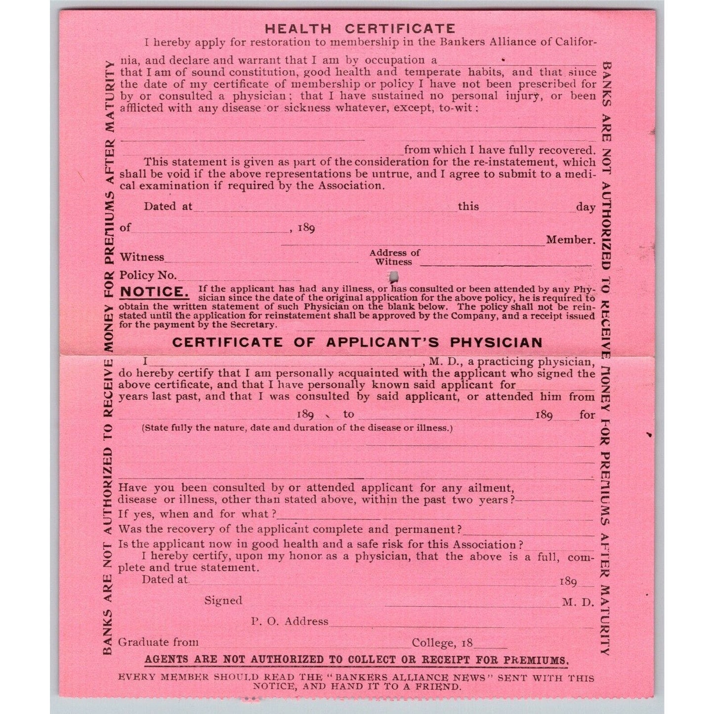 1896 Ex Civil War Soldier Document - Bankers Alliance Life Ins. Premium Notice