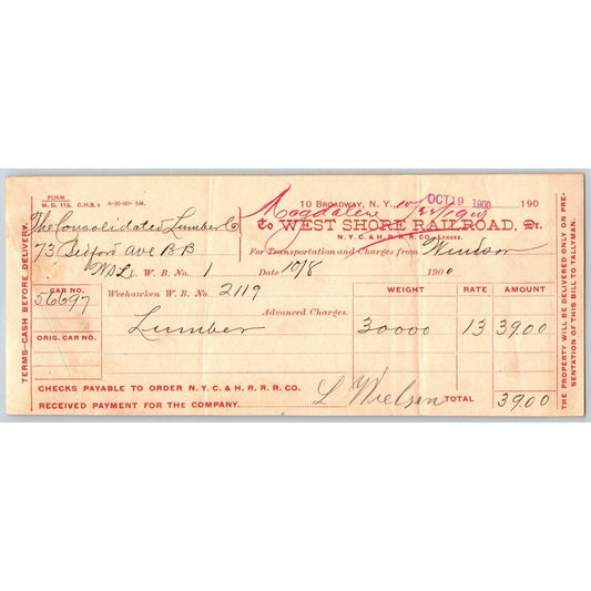 West Shore Railroad 1900 30,000 lbs. Lumber Freight Receipt - Scarce