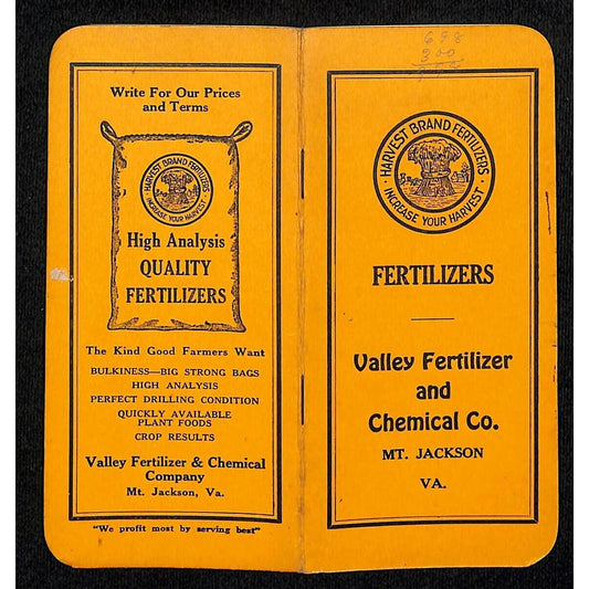 Mt. Jackson, VA Valley Chemical / Harvest Brand Fertilizers Note Book 20+ Pages