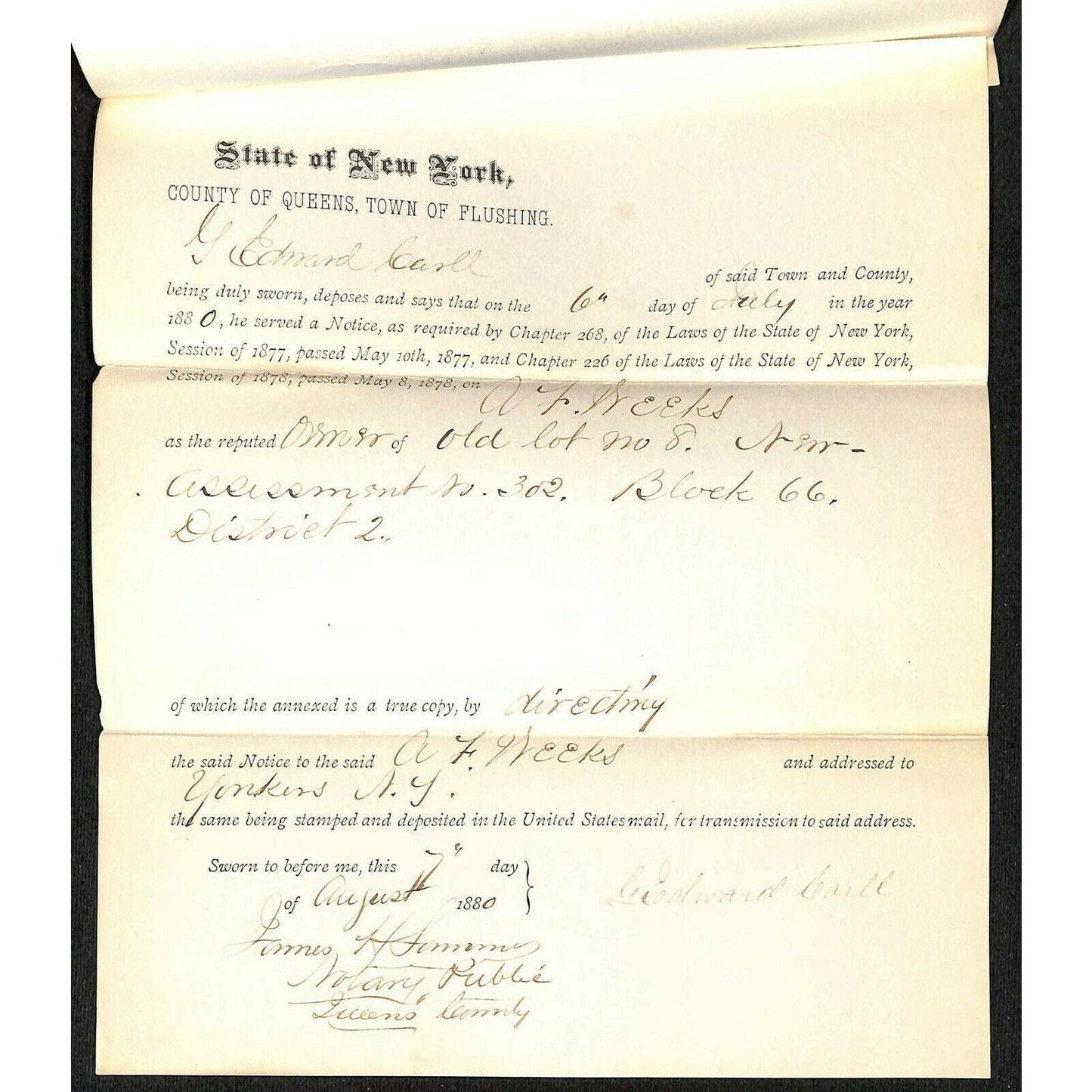 1877 Flushing Queens Unpaid Tax Real Estate Sale 2pp Legal Document Letterhead