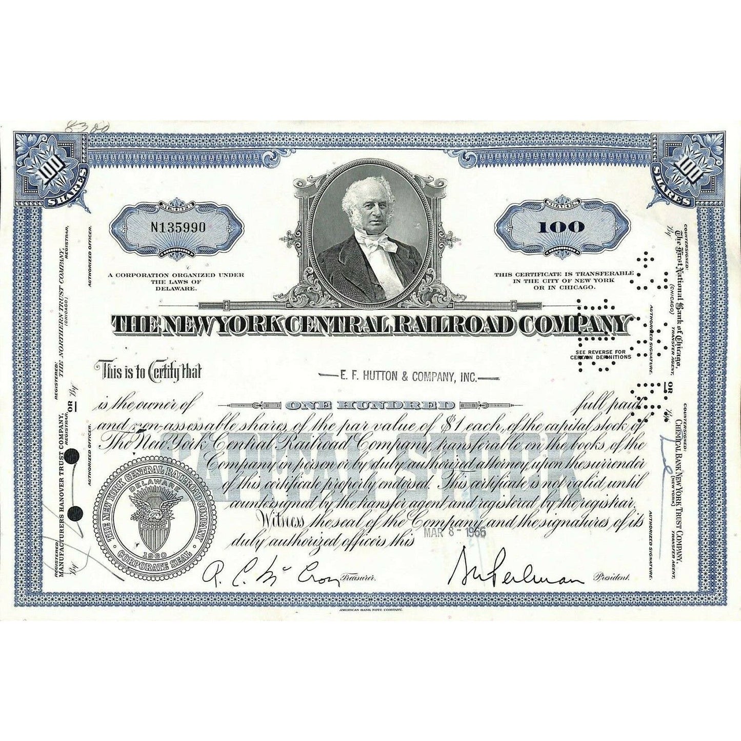 Group of 20 1960's New York Central Railroad Vintage Stock Certificates