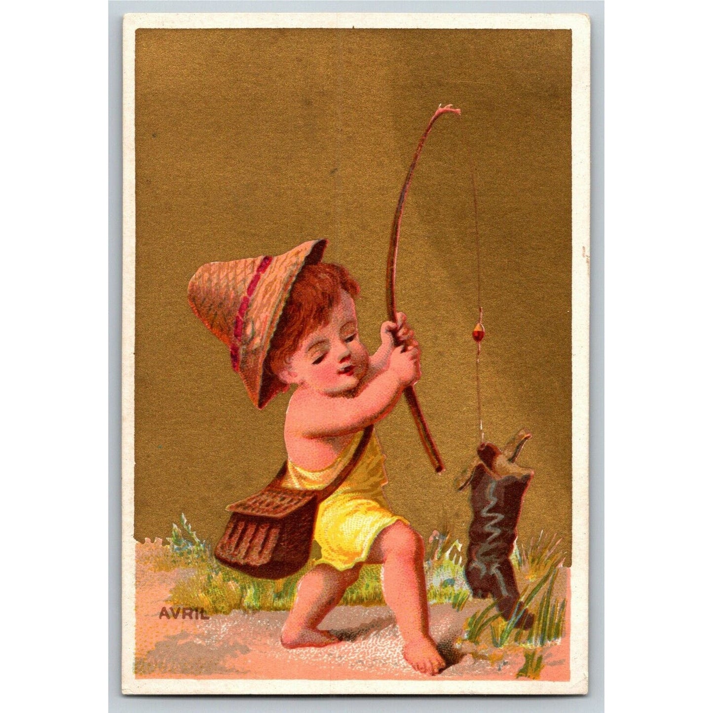 Gilt "Avril" Child Fishing Boot Catch (Soapine) Unmarked Victorian Trade Card