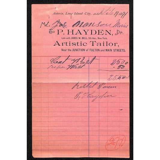 1891 Long Island City, NY Billhead Letterhead P. Hayden Artistic Tailor