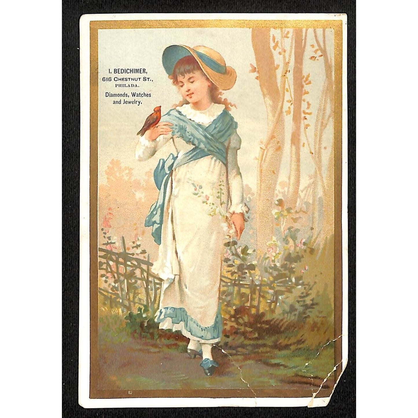 I. Bedichimer Phila. Diamonds Watches Victorian Trade Card Girl with Bird