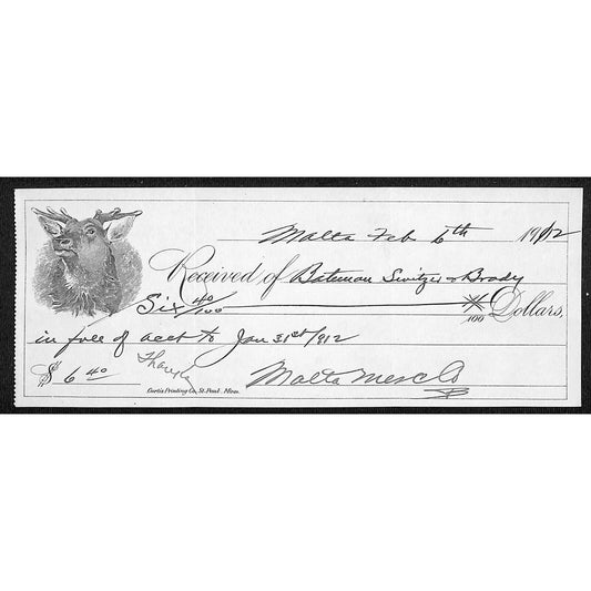 Malta Mercantile (Malta, Montana Produce Merchant) 1912* Bank Check w/ Deer