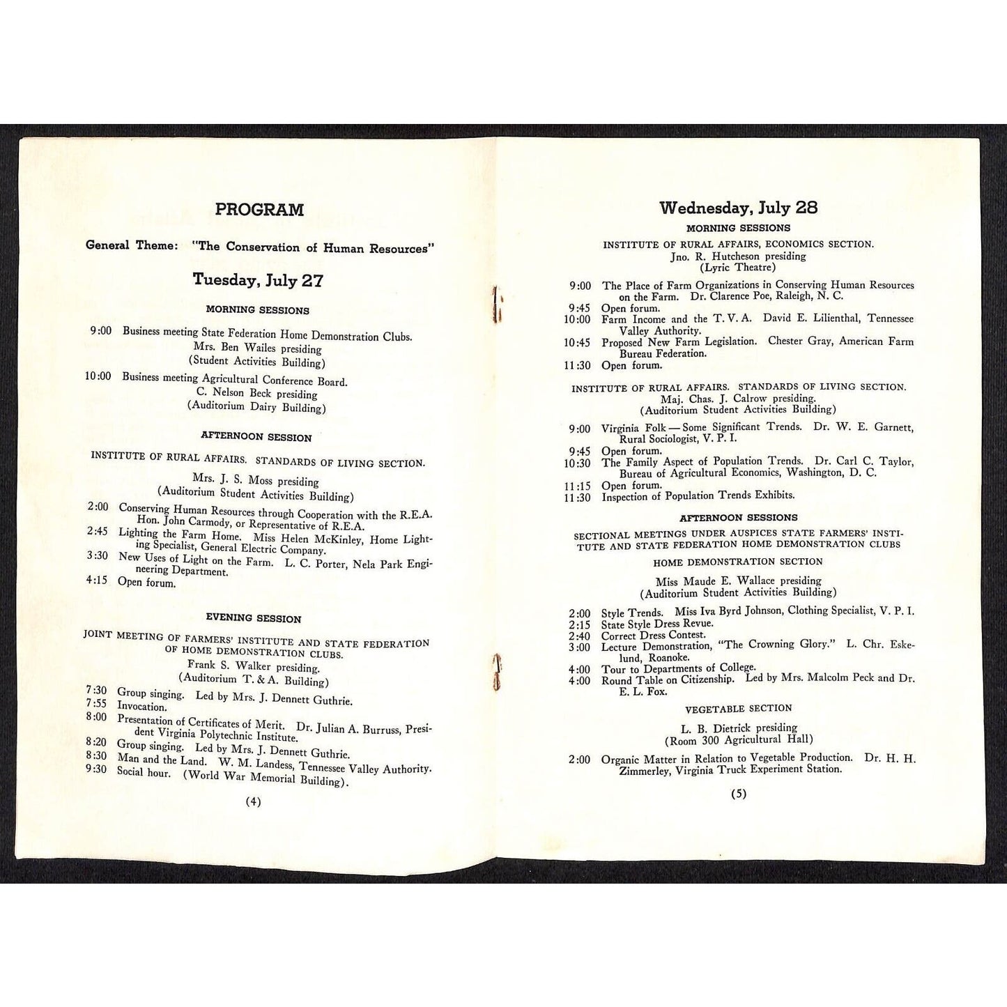 Blacksburg, VA 1937 Institute of Rural Affairs Announcement Program 8pp