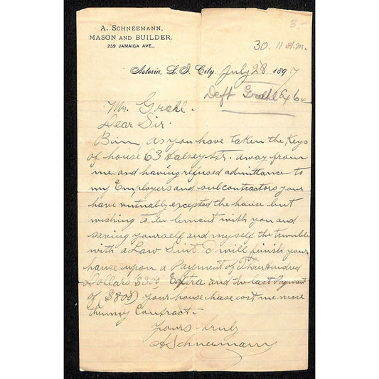 1897 Astoria LIC, NY Billhead Letterhead A. Schneemann Mason Builder