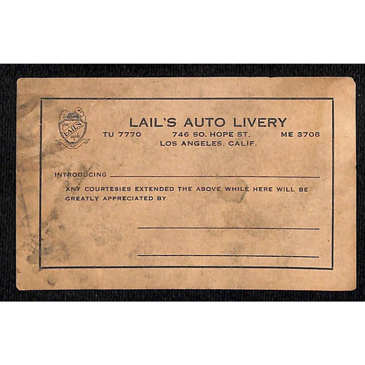 Lail's Auto Livery Hope St. LA - Introduction Business Trade Card c1928 Scarce