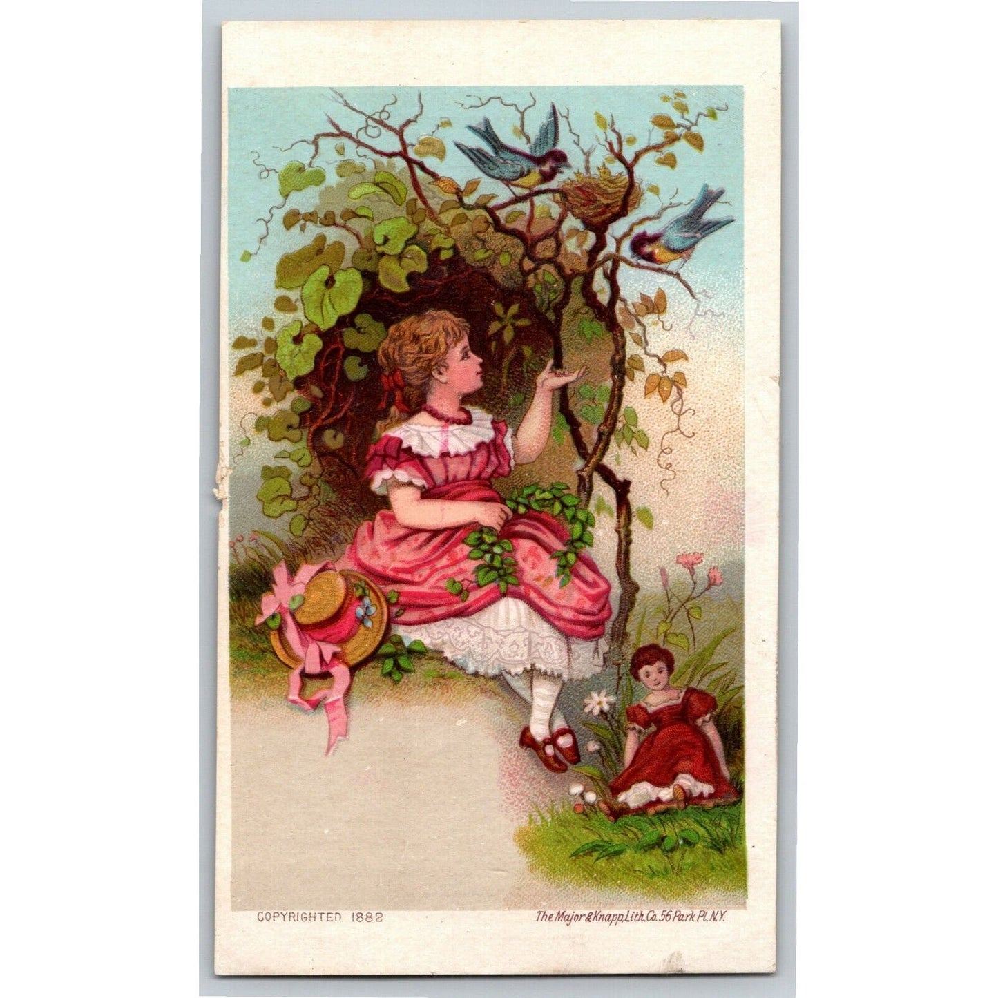 Allen's Root Beer Extract Lowell, MASS Outdoor Girls Birds Victorian Trade Card