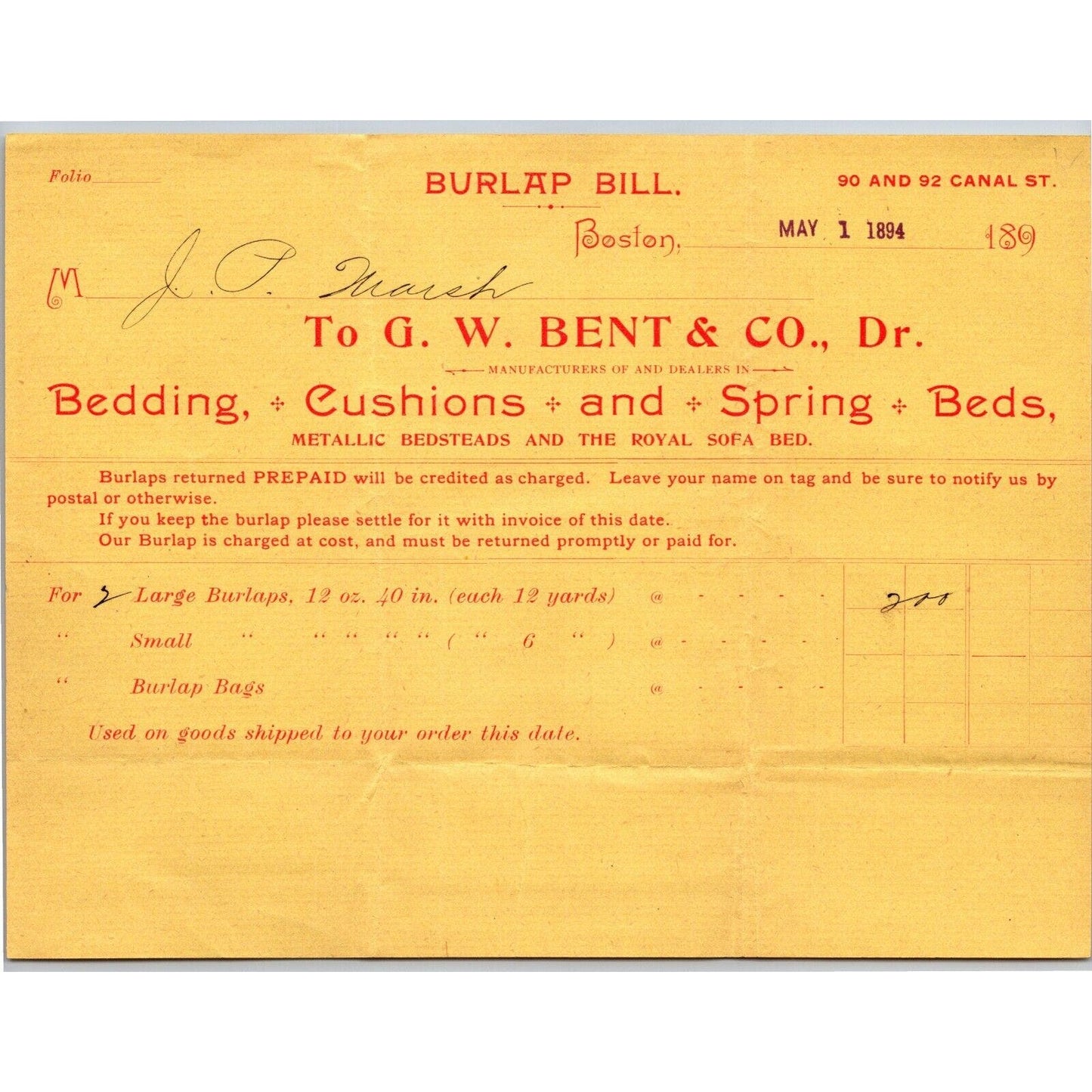 Boston, MA G.W. Bent Bedding Cushions Spring Beds Burlap 1894 Billhead Scarce
