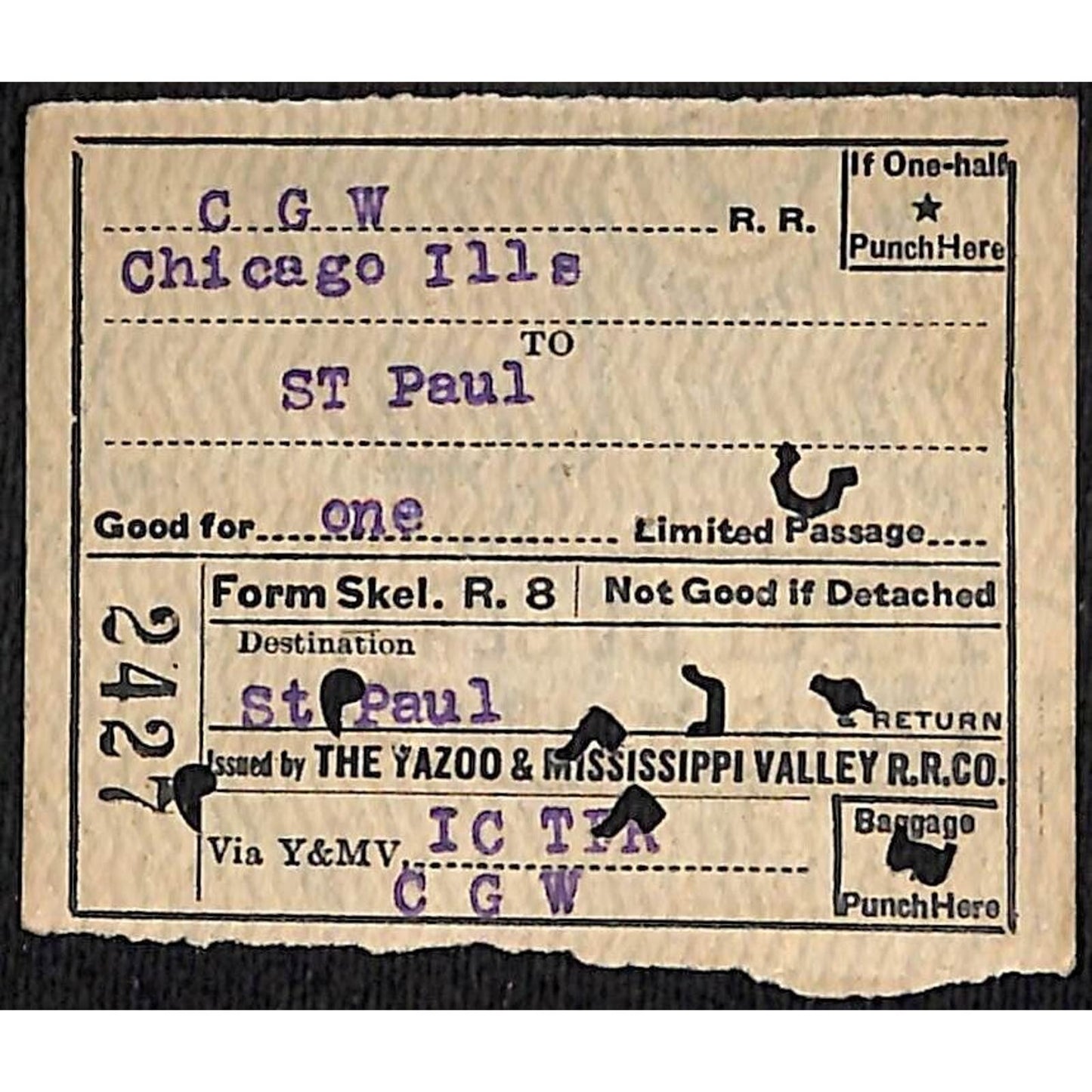 Yazoo & Mississippi Valley Railroad Ticket 1923 Chicago St. Paul #2427