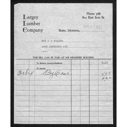Largey Lumber Company Butte Montana 1933 Billhead Letterhead - Wilson Drug