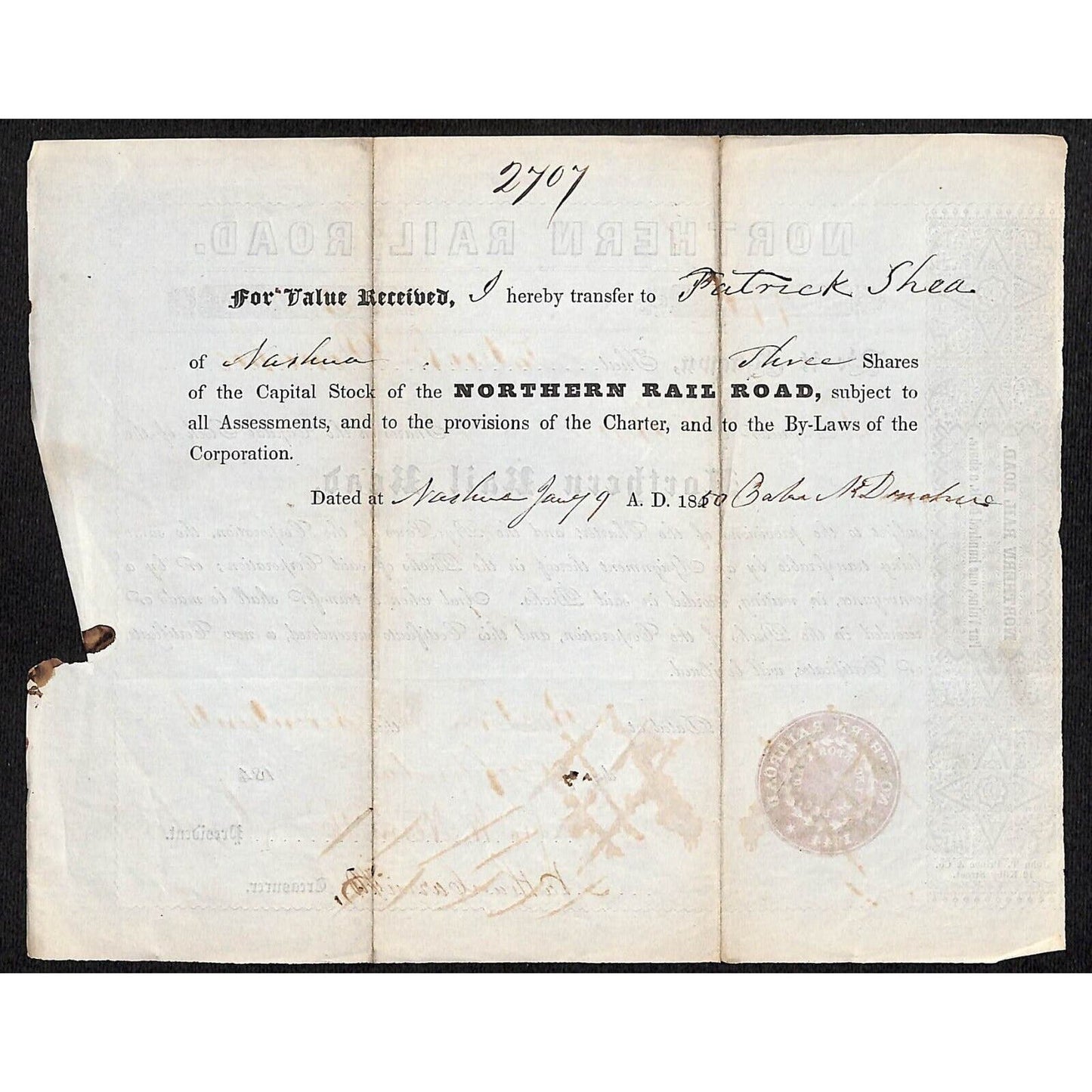 1847 Boston, MA Northern Railroad Stock Certificate No. 971 for 3 Shares