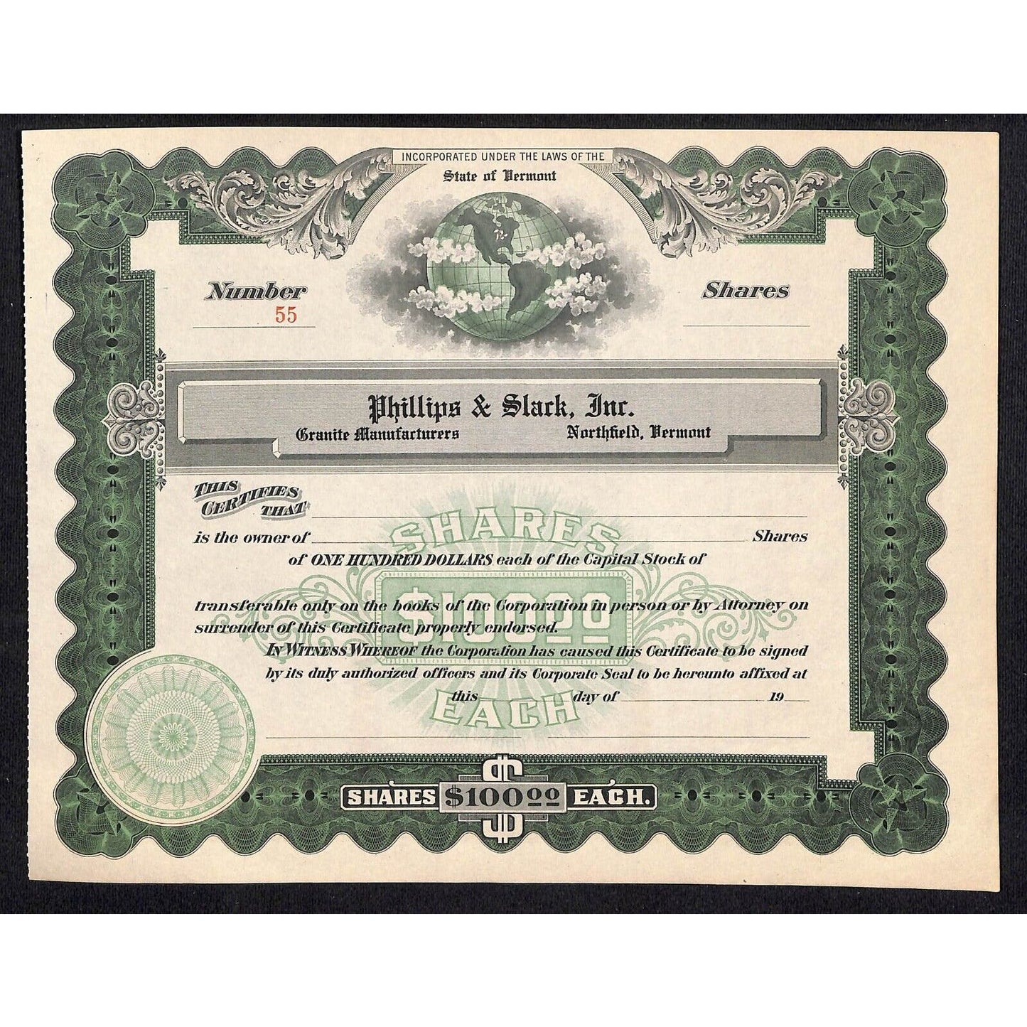 Phillips & Slack, Inc Northfield, VT c1930's Unissued Stock Certificate Scarce