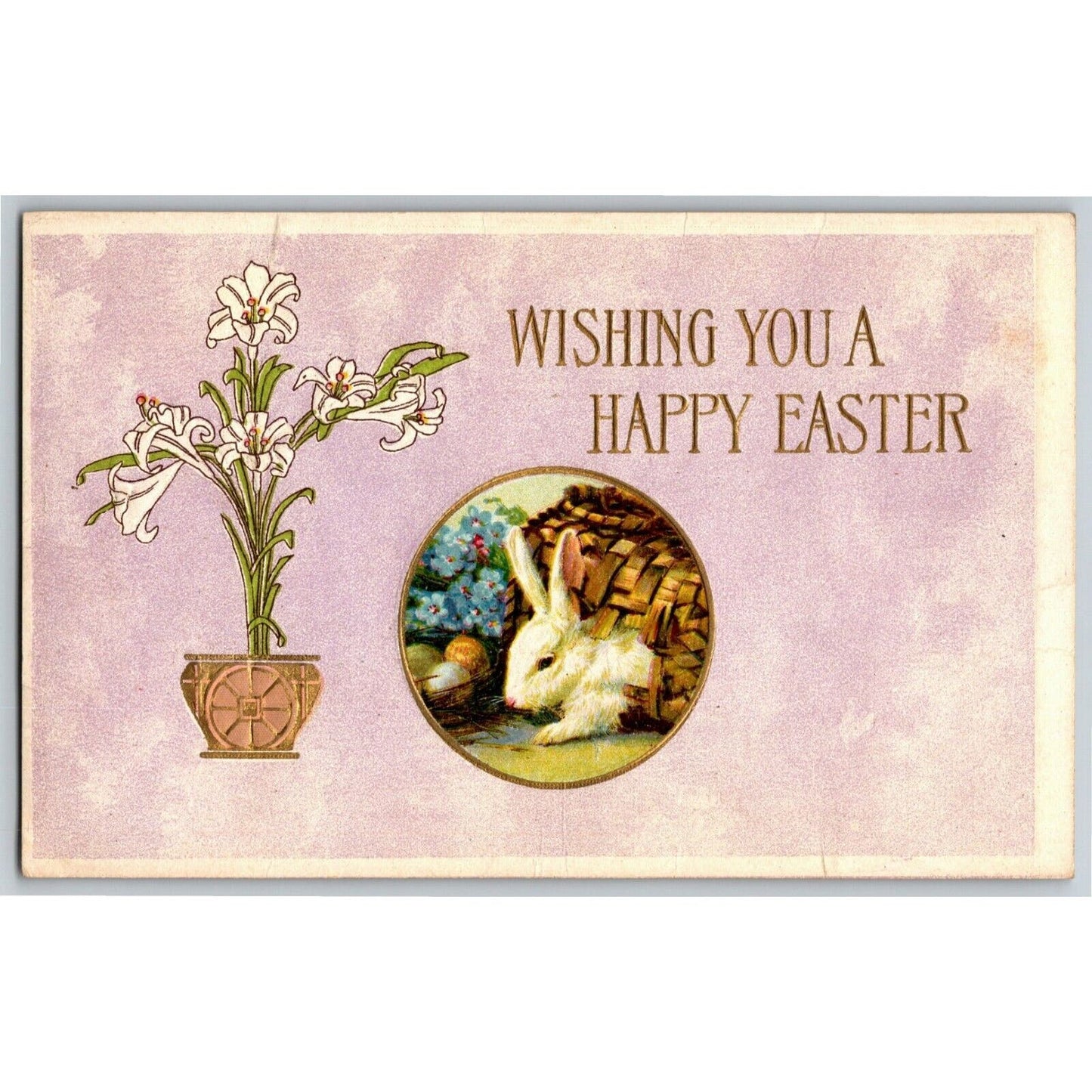 Vintage Postcard c1913 Wishing You a Happy Easter w/ Bunny Rabbit Gilt Embossed