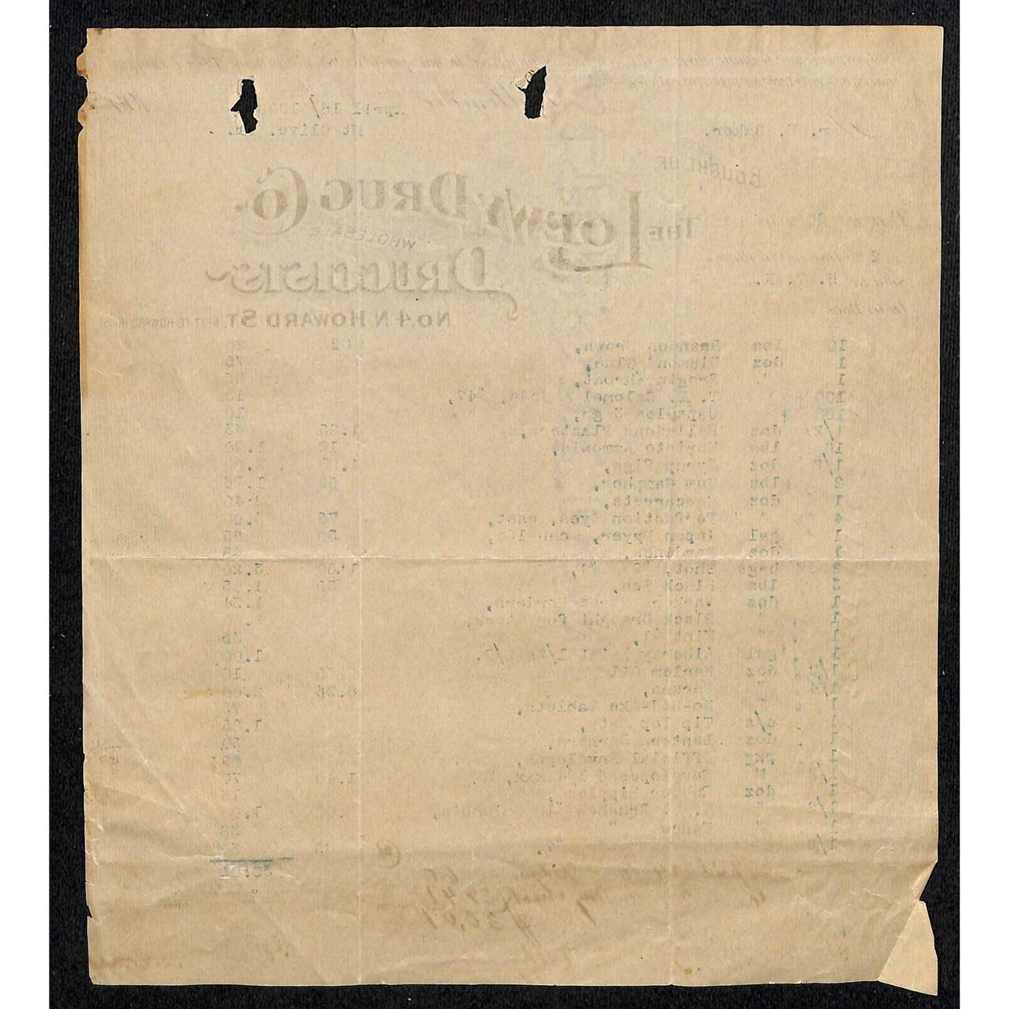 1900 Scarce Letterhead Loewy Drug Co. Wholesale Druggists Baltimore E. Baker*