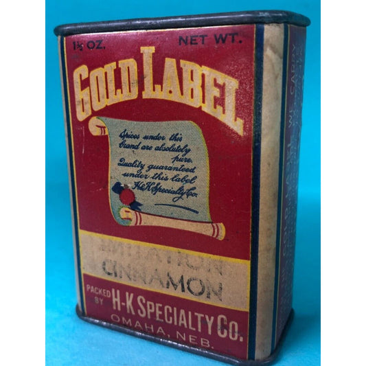 Gold Label Cinnamon H-K Specialty Co. Spice Tin 2 7/8" h Fiber Body c1930's-40s