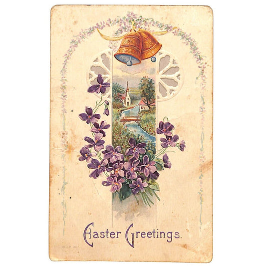 Easter Postcard "Easter Greetings" Floral Church Bells Embossed PM c1915