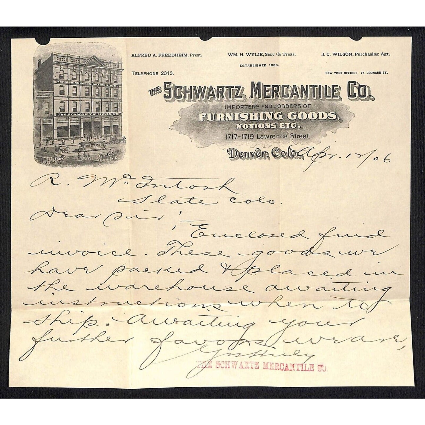 Denver, CO Schwartz Mercantile Furnishing 1906 Notions Letterhead Scarce